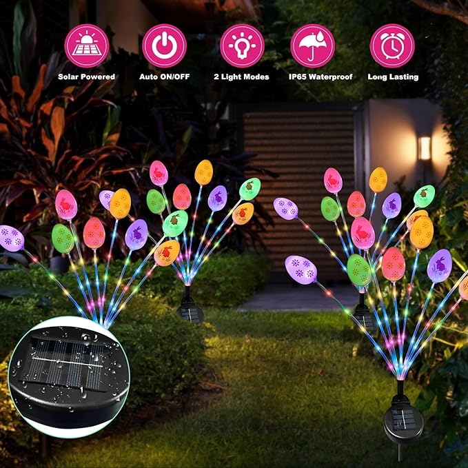 2 Pack Solar Easter Egg Light Outdoor Garden Pathway Solar Stake Light Colorful Eggs Swaying Firefly Light Waterproof Spring Yard Lawn Decor