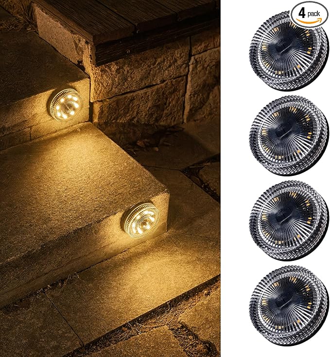 Glass Solar Deck Lights with Ray Style, Modular-Design Waterproof Outdoor Fence Lights for Stairs Step Yard Patio Garden Wall Pathway, Decorative Patio Table Lighting, Warm White (4 Pack)