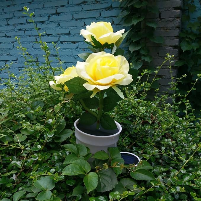 LED Solar Power Decorative Artificial Rose Flower Pot Plant Landscape Light Night Lamp Outdoor Garden Yard Pathway Lawn Grassland Yellow