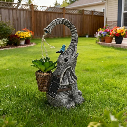 Solar Powered Garden Statue with LED Lights, Grey Stone Resin Elephant Planter, Decorative Outdoor Sculpture with Birds and Succulents,for Balcony, Garden, Patio, Yard, Lawn(Gray)