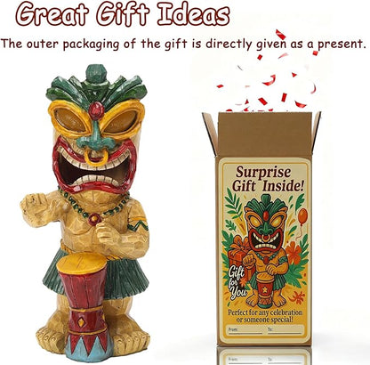 Solar Tiki Garden Statue with LED Eyes Outdoor Polynesian Drummer Hawaiian Party Decor Solar Light Ornament for Patio Porch Lawn or Tiki Lover Best Gifts for Tiki Lovers