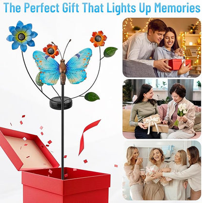 Solar Butterfly Garden Lights, 2 Lighting Modes, Colorful LED with Flower & Butterfly Decor, Waterproof Solar Stake Lights for Garden Yard Patio Lawn Pathway (Blue)
