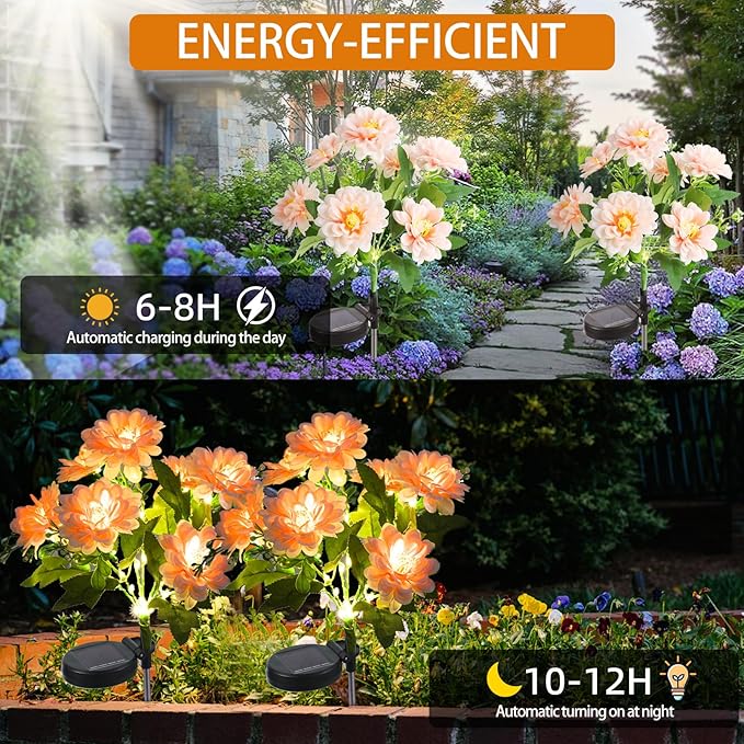 Solar Lights Outdoor Waterproof, 2 Pack Solar Garden Lights with 14 Realistic Dahlias/Zinnia, Garden Decor for Outside, Solar Powered Outdoor Lights for Yard, Garden Decorations, Patio Decor