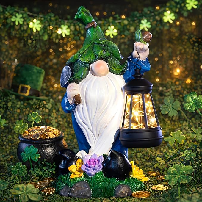 Solar Garden Gnome Statue – St Patrick’s Day Outdoor Decorations Funny Leprechaun Figurine with LED Lantern Waterproof Resin Leaf Hat Dwarf Sculpture for Patio Lawn Yard Art and Housewarming Gift