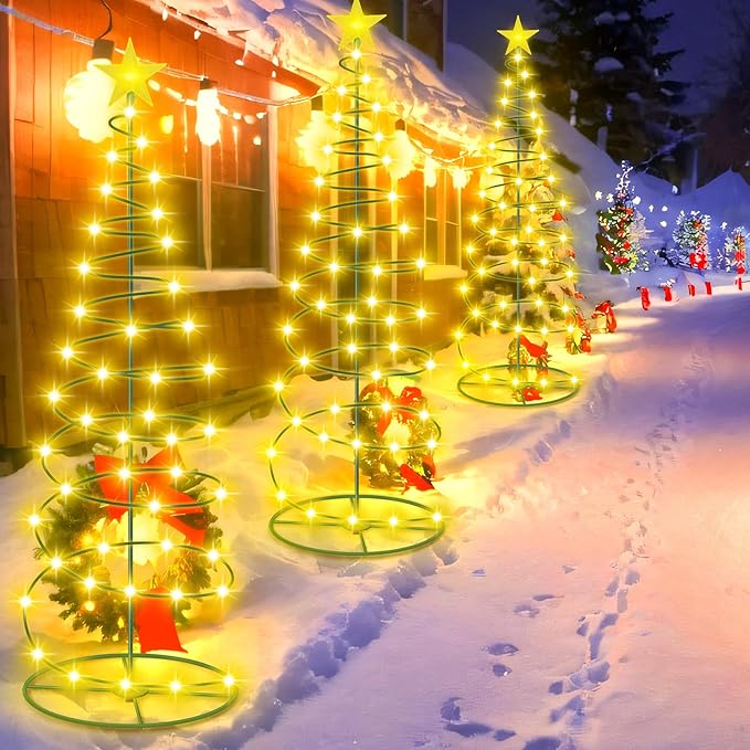 VIHOSE 3 Pcs Solar Spiral Christmas Tree Outdoor Prelit LED Light with Warm White Lights, 8 Modes, One 3 ft and Two 4 ft Light up Xmas Pathway Markers Indoor Holiday Christmas Decoration Lamp