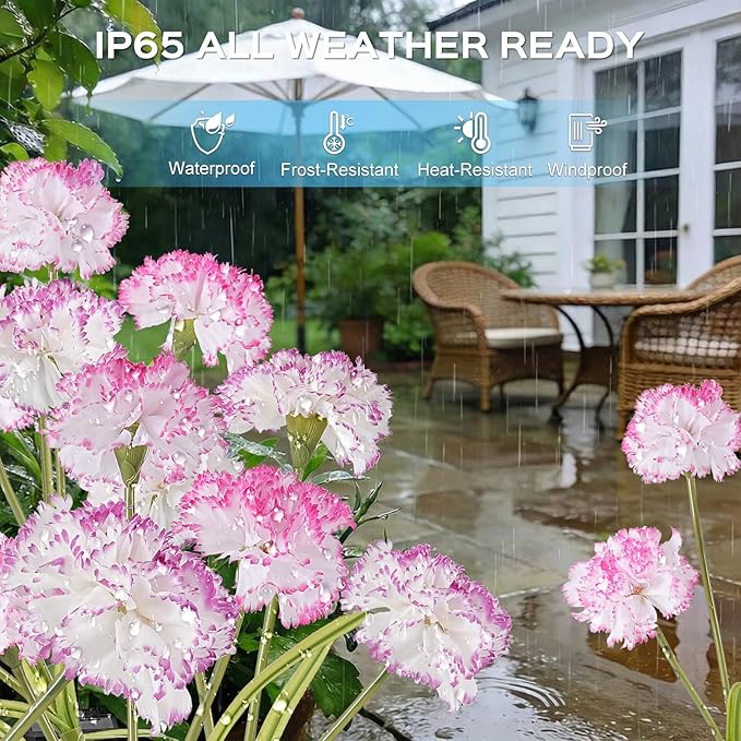 4 Pack Solar Garden Lights Outdoor, Colorful LED Waterproof Solar Powered Carnation Flowers Landscape Lights for Outside Yard, Patio, Pathway Decorative, Décor, Gifts, Two Lighting Modes