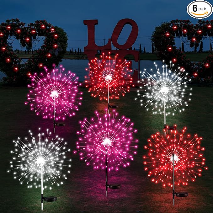 6 Pcs Valentine's Day Solar Firework Lights Solar Lights Outdoor Garden 120 LED 8 Modes Waterproof LED Sparkler Outdoor for Valentines Patio Yard Pathway Walkway (Red,White,Pink)