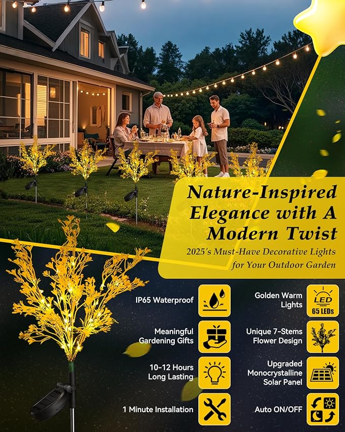 Neporal Golden Solar Flowers Outdoor Waterproof 6PK, 7-Stems Floral Solar Lights, Outdoor Garden, Yard, Patio Decor