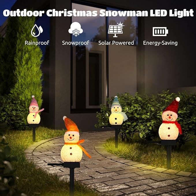 4 PCS Solar Snowman Light Decorations, Solar Christmas Snowman Stake Light, Outdoor Waterproof Solar Powered Garden Snowman Lights, Christmas Yard Decor, Decorative Pathway Light