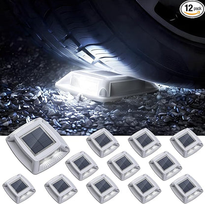Solar Driveway Lights Outdoor 12 Pack, IP68 LED Solar Powered Waterproof Driveway Marker Deck Dock Lights for Dock Step Pathway Walkway Sidewalk Garden Yard Stair Marine (White)