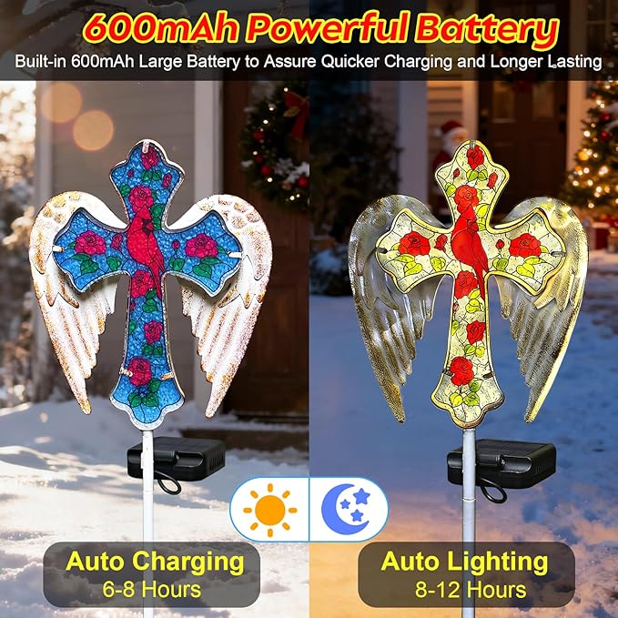 Solar Cross Lights Outdoor, Solar Cardinal Stake Lights Cemetery Decorations for Grave, Jesus Cross Sympathy Memorial Gifts for Christmas Women Mom, Glass Garden Art for Cemetery Yard Patio