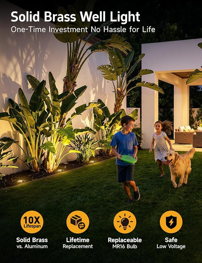 Gardenreet Landscape Low Voltage Well Light - Brass 12V in-Grade Lighting, Wired LED Electric Replaceable Bulb | Lumora