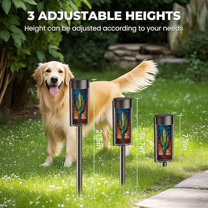 8 Pack Solar Pathway Lights Outdoor Waterproof Southwest Cactus Stained Glass Vibrant Sunset Western Art Solar Garden Lights LED Landscape Lighting for Yard Walkway Lawn Garden Decor