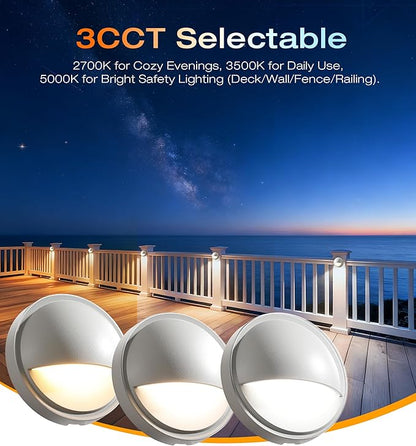 CLOUDY BAY [12 Pack] 3CCT Low Voltage LED Deck Lights Outdoor,2700K/3500K/5000K Selectable,Landscape Step Stair Railing Fence Light Wired,3W,12V-24V AC/DC Deck Lighting Fixtures,White