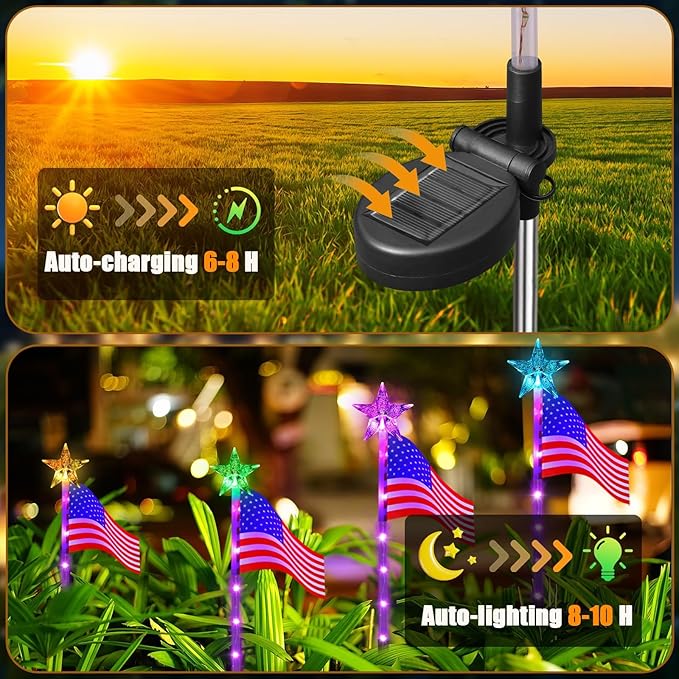 US Flag Solar Garden Lights, 4 Pack 24 LED 7 Color Changing American Flag Landscape Light, 4th of July Outdoor Decor Star Solar Stake Lights for Yard Patio Walkway Pathway (4)