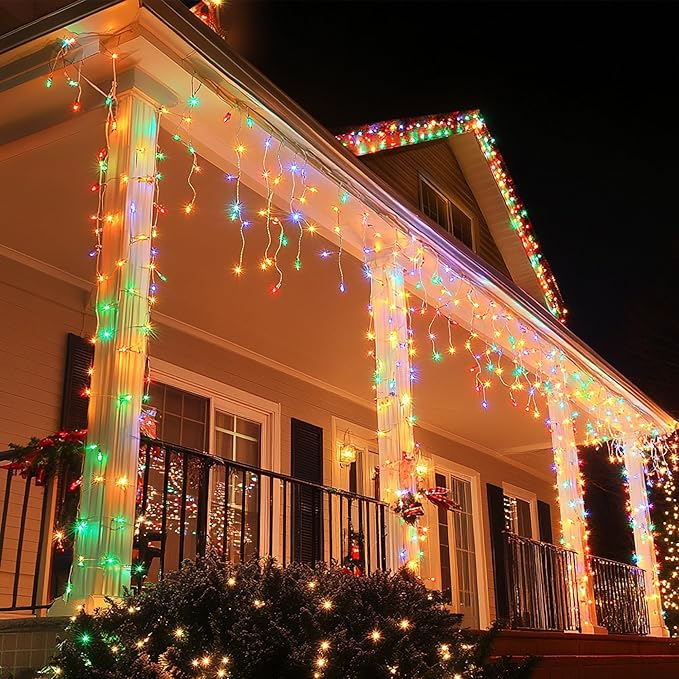 Dazzle Bright Christmas Icicle Lights, 88.5 FT 1080 LED 8 Modes Curtain Fairy Lights with 180 Drops, Xmas String Lights for Outdoor Holiday Wedding Party Decorations (Multi-Colored) (Pack of 2)