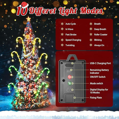 2025 Upgraded Christmas Decorations Outdoor Solar Candy Cane Lights, 10 Modes Waterproof Solar Christmas Pathway Lights with USB Charge, 28 FT 72 LEDs Outdoor Xmas Decor for Yard Lawn Porch Holiday