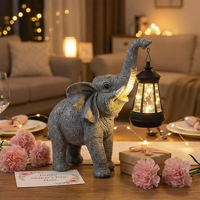Solar Garden Statue Lights Elephants Figurine with Solar Lantern, Outdoor Yard Decorations for Patio Porch Home | Lumora