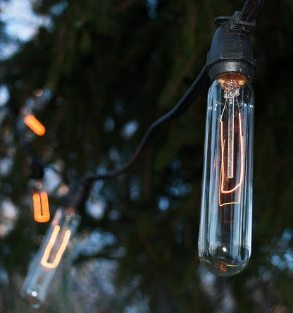 Hometown Evolution, Inc. Commercial Edison Bulb Outdoor String Lights with Hand-Threaded Filament (T25 Tube Edison - Commercial Black Wire, 50 ft)