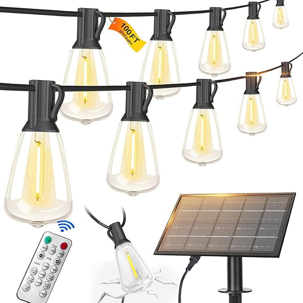 100FT Solar String Lights Outdoor Waterproof with Remote Control Solar Patio Lights 30+2 shatterproof LED ST38 | Lumora