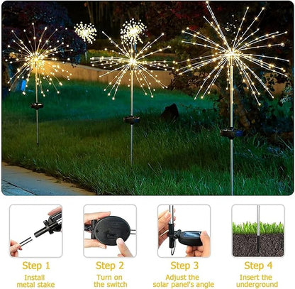 Warm White Solar Lights for Garden Decoration 150 LED Fairy Lights Starburst Outdoor Firework Decorative Lamp Pathway Lighting Waterproof Colored 4 Pack