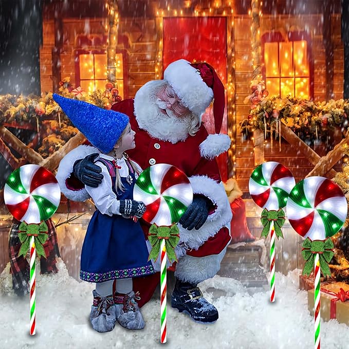 4 Pack 27.5" Lollipop Peppermint Christmas Pathway Lights Outdoor with Bows, Green Red White 80 LED Candy Cane Lights 8 Modes Timer Waterproof, Walkway Markers for Xmas Outsides Garden Yard Decoration