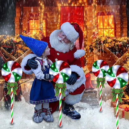 4 Pack 27.5" Lollipop Peppermint Christmas Pathway Lights Outdoor with Bows, Green Red White 80 LED Candy Cane Lights 8 Modes Timer Waterproof, Walkway Markers for Xmas Outsides Garden Yard Decoration