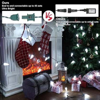 Brizled White Christmas Lights White, 33ft 50 LED C9 Christmas Light String, Connectable Outdoor Xmas Lights, 120V UL Certified Tree Light for Indoor Outdoor House, Garden, Holiday, Yard, Party