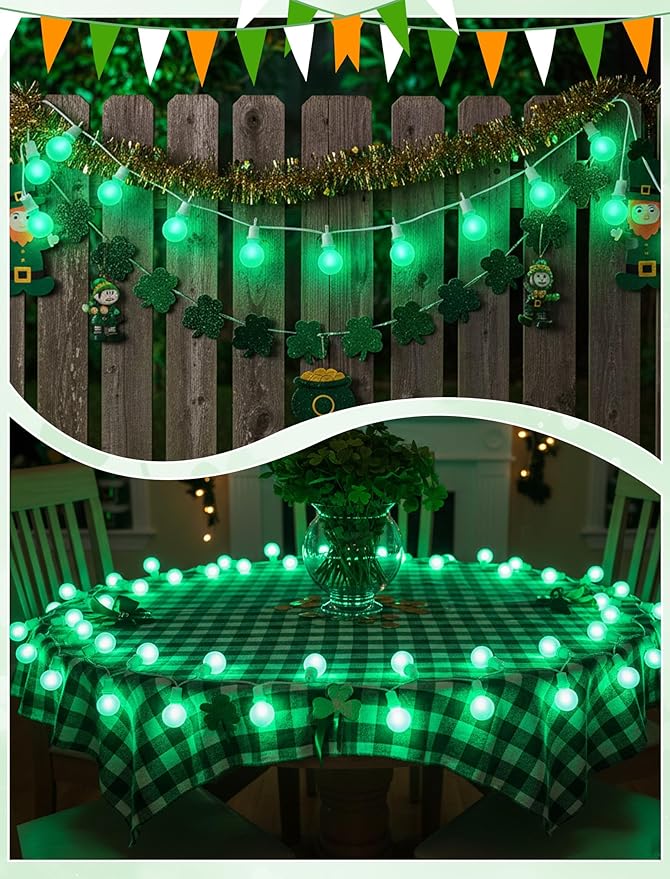 G40 LED St. Patrick's Day String Lights Outdoor, 25Ft St Patricks Decorations Lights Outdoor with Ceramic Green Round Bulbs, Hanging Patio Lights Shatterproof for Indoor Home Decor Party, White Wire