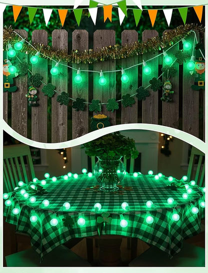 G40 LED St. Patrick's Day String Lights Outdoor, 25Ft St Patricks Decorations Lights Outdoor with Ceramic Green Round Bulbs, Hanging Patio Lights Shatterproof for Indoor Home Decor Party, White Wire