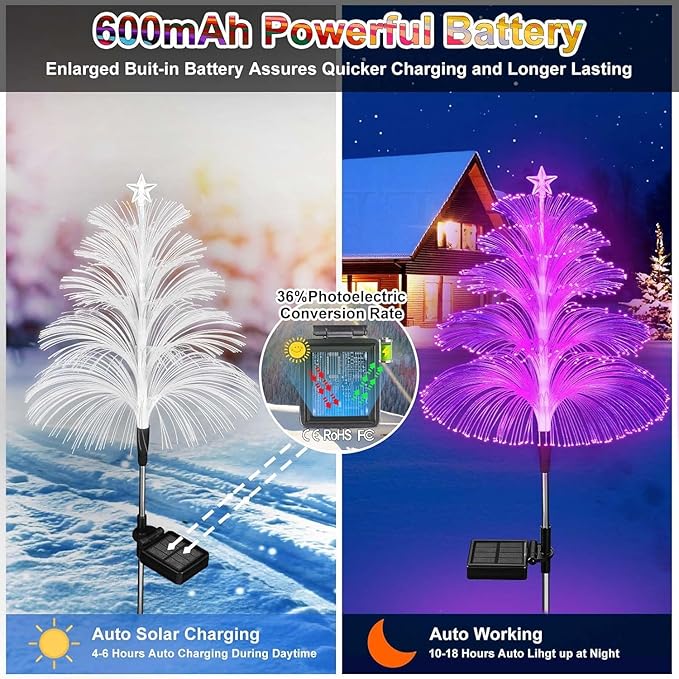Solar Christmas Decorations Trees Lights Outdoor Waterproof Solar Christmas Tree Jellyfish Lights 5 Layer Optical Fiber 7 Color Changing for Pathway Lawn Patio Outside Decorative, 3PCS