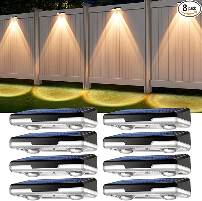 Solar Fence Lights Outdoor Waterproof Led, 3000K/4000K/6000K 3 Modes 50 Lumens Fence Lights Solar Powered for Wall/Patio/Outside/Post/Yard/Garden/Stair, Auto ON/Off Deck Lighting (8 Pack)