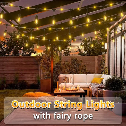 48ft Dimmable Patio Lights with 15+1 S14 Retro Edison Bulbs & 144 Fairy Rope and LED Patio Lights with 52（50+2 Spare ST38 Shatterproof Bulbs