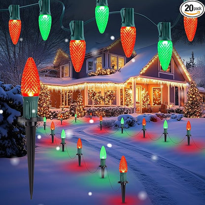 Brightown C9 Christmas Lights Outdoor, 25.7 Ft Strawberry C9 Pathway Lights with 20 LED Bulbs and Stakes, Christmas Decorations Outside Walkway Sidewalk Holiday, Red and Green