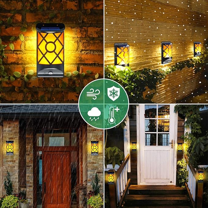 6 Pack Solar Flame Lights Outdoor - Realistic 3D Flickering Flames Wall Lantern with 66 Ultra-Bright LEDs - Waterproof Auto On/Off Fire Effect Garden Decor Lighting for Fence, Patio