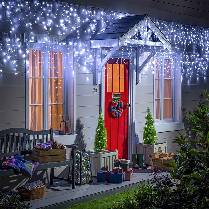 132ft Icicle Lights for Outside, 1280 LED White Christmas Lights Outdoor with 240 Twinkle Drops, 8 Modes Plug in | Lumora