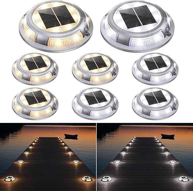 Solar Deck Lights,8 Pack Driveway Dock Light 2 Colors in 1 Solar Powered Lights Outdoor IP68 Waterproof Driveway Marker for Warning Step/Garden/Sidewalk/Pathway/Yard (Warm White & Cool White)