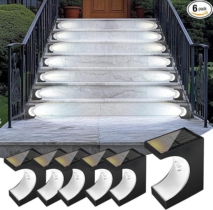 Crescent-Shaped Solar Step Lights for Outside Waterproof IP67,Long-Lasting LED Stair Light Solar, Easy Install Deck Lights for Stairs, Front Porch, and Patio(White,6 Pack)