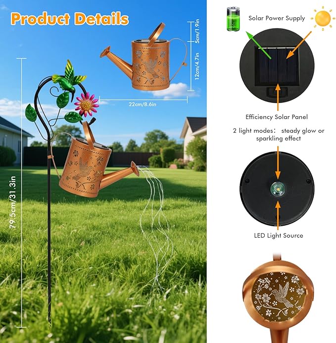 Hummingbird Outdoor Hanging Solar Lantern Waterproof Metal Openwork Hummingbird Watering Can Landscape Lights with | Lumora