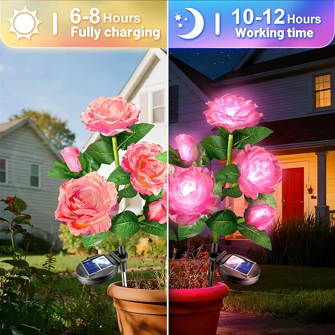 Anordsem Solar Garden Lights Outdoor: 10 Artificial Fabric Pink Roses Flowers 2 Pack- LED Flower Decorations for Cemetery Grave Pathway Yard- Birthday Gifts for Women, Wife and Mother