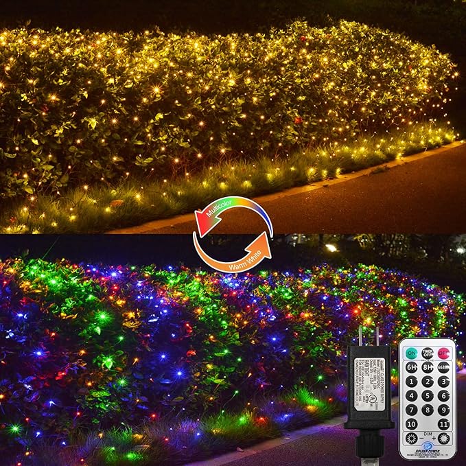 ZAIYW Dual Color Changing Net Lights 20Ft x13Ft 660 LED Christmas Net Light Outdoor Mesh Lights Green Wire Plug in with Timer Remote for Bushes Garden Wedding Xmas Decor (Warm White & Multicolor)