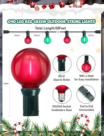 50FT G40 Christmas String Light Outdoor, Frosted Red and Green LED Christmas Lights with 27 Shatterproof LED Bulbs(2 Spare), Waterproof Patio Lights for Holiday Party Backyard Xmas Decor