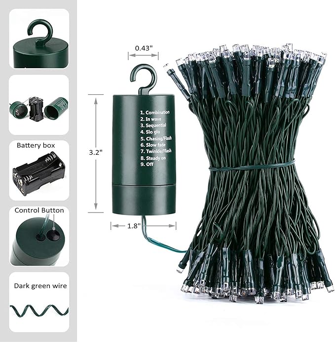 Joomer Battery Christmas Lights, 66ft 200LED Fairy Lights Battery Operated Timer 8 Modes Waterproof for Outdoor Home Garden Party Holiday Christmas Trees Decoration (Red Green)