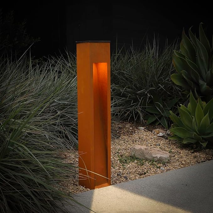 Set of 1 Tall Solar Metal Rectangular Slot Light, Rust Finish, Warm Bright LED, 5"x5"x30" Tall - Outdoor Path Light | Lumora