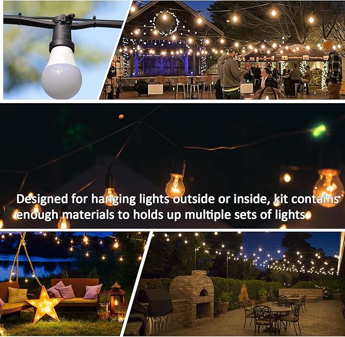 String Light Hanging Kit, Full Black Globe String Lights Suspension Kit w/ 100FT PVC Coated Steel Cable & Enough | Lumora