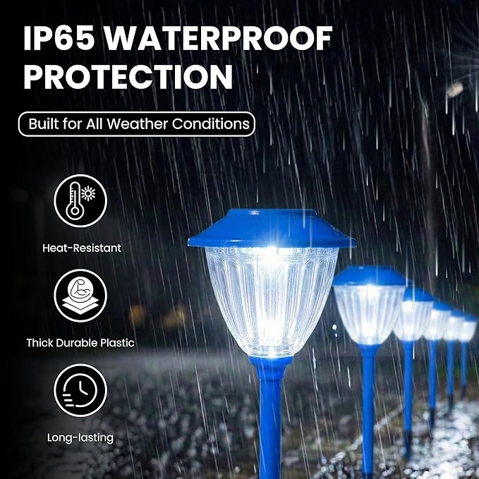 Energizer Outdoor Patio Light - 8 Pack Solar Garden Decor Lights with 15 Lumen Output & Patterned Glass & Metal Finish, Simple to Install Waterproof Ground Solar Lights for Driveway Decor - Blue