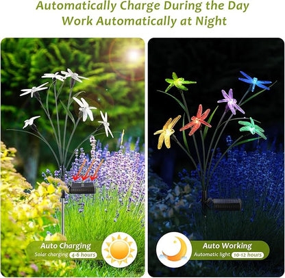 2PCS Outdoor Solar Lights, Waterproof Solar Lights Outdoor Pathway, Solar-Powered Garden Swing Dragonfly Decorative Lights for Yard Balcony Flower Bed, Gardening Gift for Plant Lovers