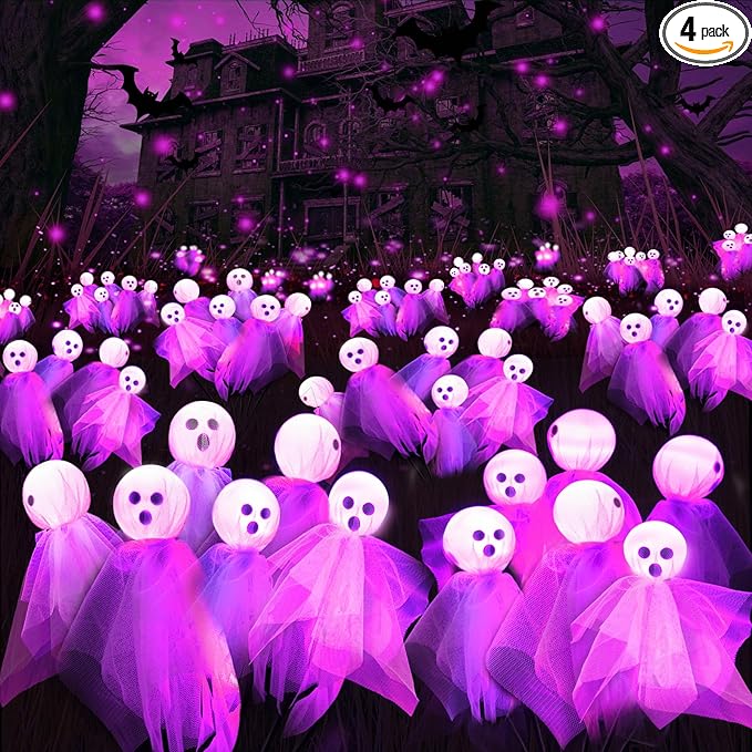 Halloween Decorations Outdoor, Solar Scary Ghosts Lights, 4 Packs 24 LED Swaying Firefly Light & Ghost Decor, Waterproof Halloween Path Lights for Garden, Lawn, Patio, Yard, Party Decor, Purple