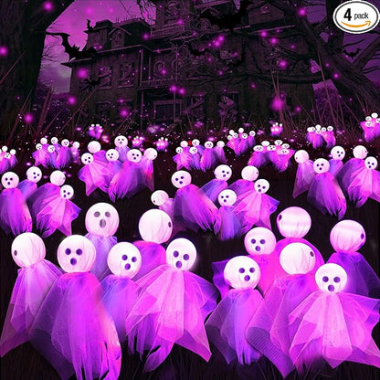 Halloween Decorations Outdoor, Solar Scary Ghosts Lights, 4 Packs 24 LED Swaying Firefly Light & Ghost Decor, Waterproof Halloween Path Lights for Garden, Lawn, Patio, Yard, Party Decor, Purple