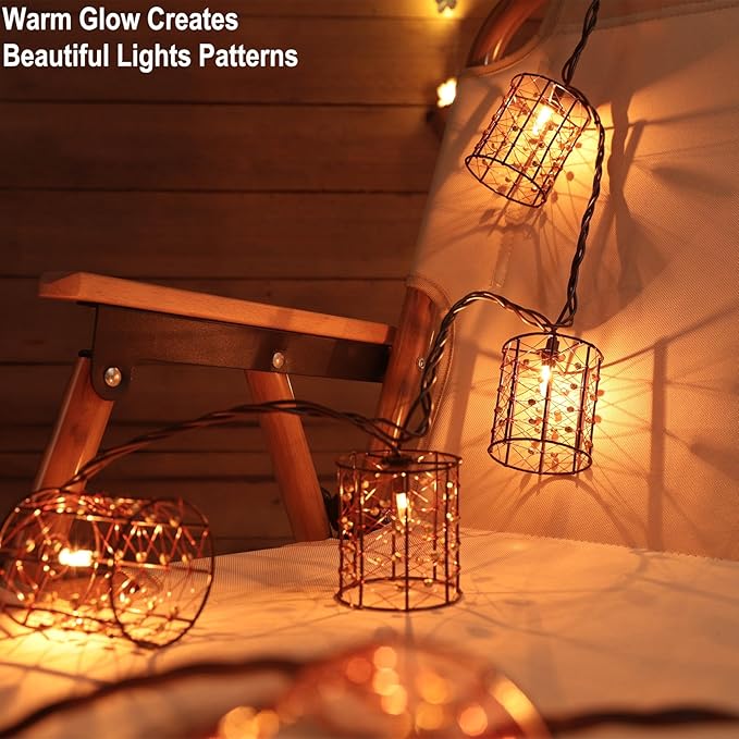 Outdoor Patio String Lights Plug in with 10 Incandescent Bulbs, Handwoven Beaded Copper Wire Style Decorative Lantern String Lights Connectable Weatherproof for Pergola, Porch, Mantel, Indoor Decor
